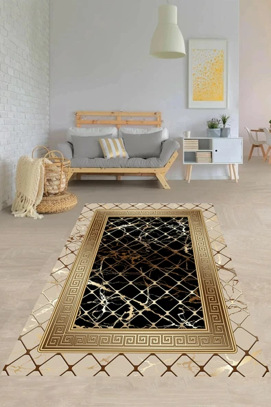 Makinede Yıkanabilir Leke Tutmaz  Vizon-Siyah Deko Deri Kaymaz Taban Versace Salon Saçaksız Halı B1277  KARMA 100 x 200