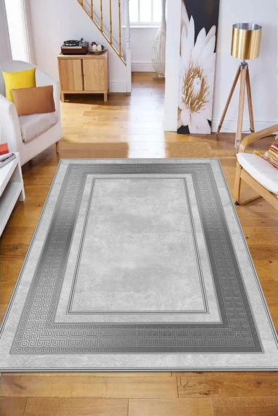 Makinede Yıkanabilir Leke Tutmaz  KREM Modern Çerçeve Desen Halı B1299  GRİ 100 x 200 - Resim 3