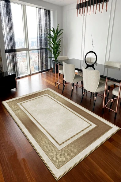 Makinede Yıkanabilir Leke Tutmaz  KREM Modern Çerçeve Desen Halı B1299  KREM 120 x 180 - Resim 3