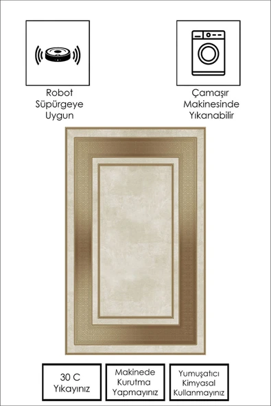 Makinede Yıkanabilir Leke Tutmaz  KREM Modern Çerçeve Desen Halı B1299  KREM 120 x 180 - Resim 5