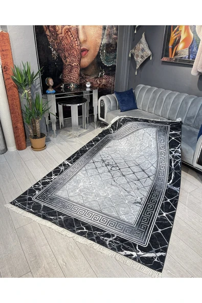 Makinede Yıkanabilir Leke Tutmaz  Siyah ve Gri Kaymaz Deri Taban Halı ASB1294  KARMA 80 x 150 - Resim 5