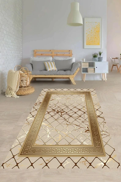 Makinede Yıkanabilir Leke Tutmaz  Vizon-Gold Deko Deri Kaymaz Taban Versace Salon Saçaksız Halı B1280  KARMA 80 x 300