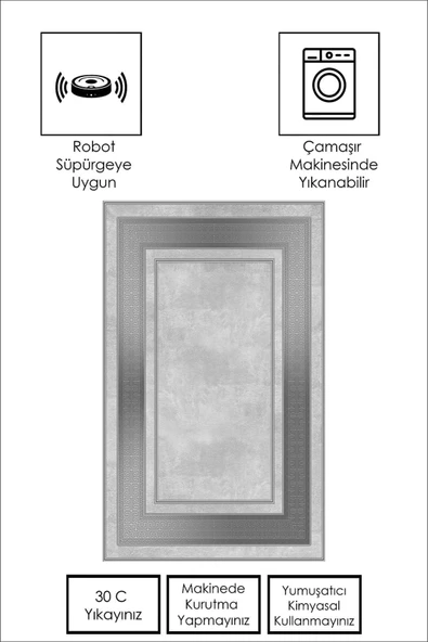 Makinede Yıkanabilir Leke Tutmaz  KREM Modern Çerçeve Desen Halı B1299  GRİ 120 x 180 - Resim 4