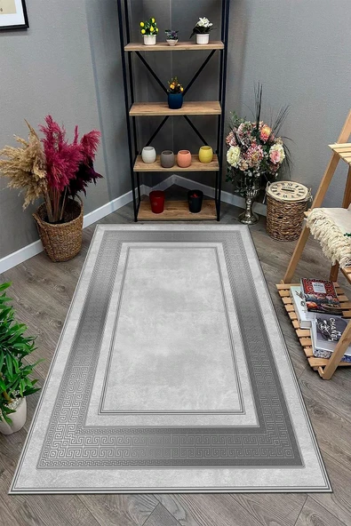 Makinede Yıkanabilir Leke Tutmaz  KREM Modern Çerçeve Desen Halı B1299  GRİ 180 x 280 - Resim 2