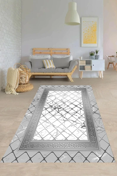 Makinede Yıkanabilir Leke Tutmaz  Gri-Beyaz Pvc Deri Kaymaz Taban Versace Salon Saçaksız Halı B1292  KARMA 120 x 180