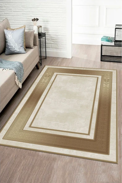 Makinede Yıkanabilir Leke Tutmaz  KREM Modern Çerçeve Desen Halı B1299  KREM 120 x 180 - Resim 2