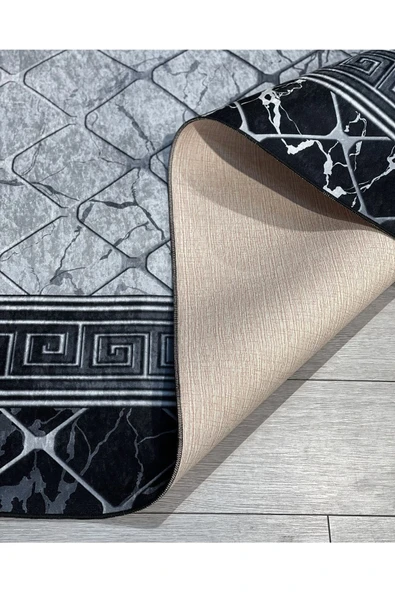 Makinede Yıkanabilir Leke Tutmaz  Siyah ve Gri Kaymaz Deri Taban Halı ASB1294  KARMA 80 x 150 - Resim 3