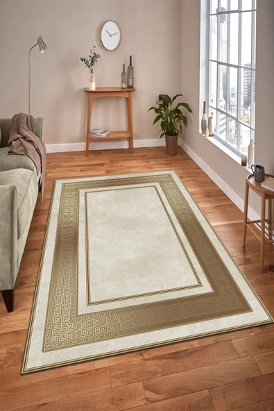 Makinede Yıkanabilir Leke Tutmaz  KREM Modern Çerçeve Desen Halı B1299  KREM 120 x 180 - Resim 4