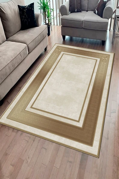 Makinede Yıkanabilir Leke Tutmaz  KREM Modern Çerçeve Desen Halı B1299  KREM 120 x 180 ürün görseli