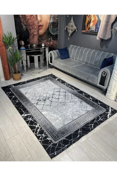 Makinede Yıkanabilir Leke Tutmaz  Siyah ve Gri Kaymaz Deri Taban Halı ASB1294  KARMA 80 x 150 ürün görseli