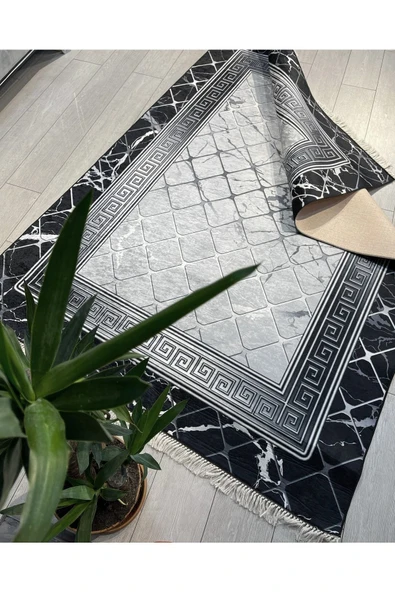 Makinede Yıkanabilir Leke Tutmaz  Siyah ve Gri Kaymaz Deri Taban Halı ASB1294  KARMA 80 x 150 - Resim 4