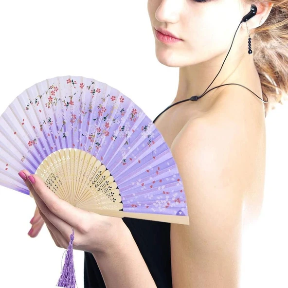 Beluga Yelpaze Bambu Vintage Lila Bahar Dalı Desenli Şık Püsküllü Japon Yelpaze 0303 - 2