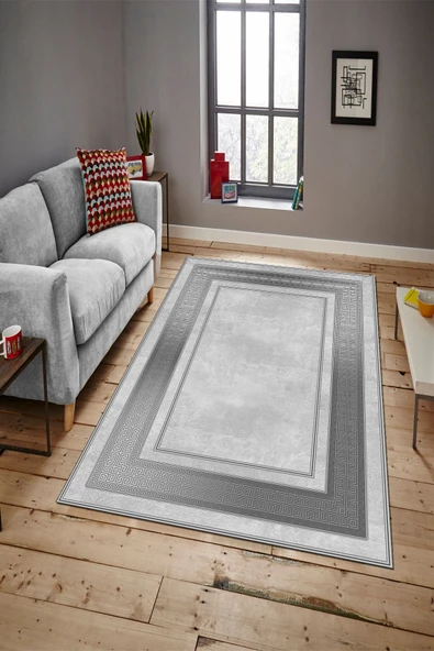 Makinede Yıkanabilir Leke Tutmaz  KREM Modern Çerçeve Desen Halı B1299  GRİ 160 x 230