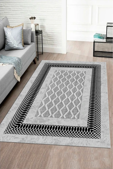 Makinede Yıkanabilir Leke Tutmaz  GRİ Modern Çerçeve Desen Halı B1321  200 x 300 GRİ ürün görseli