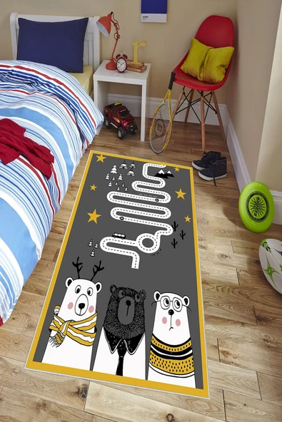 Makinede Yıkanabilir Leke Tutmaz  Gri-Renkli Pvc Deri Kaymaz Taban Sevimli Figürlü Çocuk Saçaksız Halı H7123  ÇOKLU 100 x 300 - 4