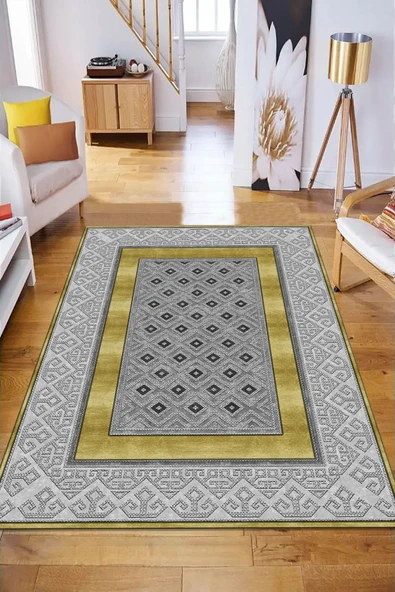 Makinede Yıkanabilir Leke Tutmaz  GRİ-GOLD Modern Çerçeve Desen Halı B1305  GRİ-GOLD 80 x 200 - 4