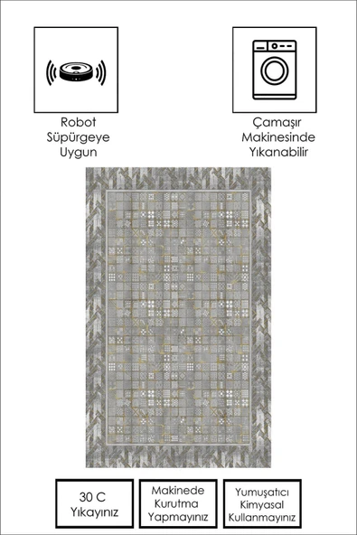 Makinede Yıkanabilir Leke Tutmaz  Gri-Gold Pvc Deri Kaymaz Taban Modern Salon Saçaksız Halı B1310  GRİ-GOLD 120 x 180 - 5