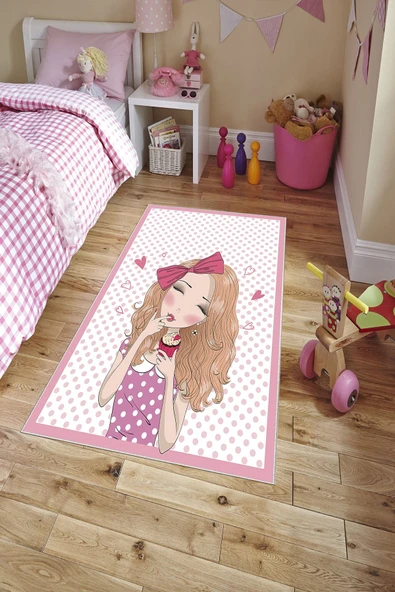 Makinede Yıkanabilir Leke Tutmaz  Pembe Pvc Deri Kaymaz Taban Figürlü Kız Çocuk Saçaksız Halı H7097  ÇOKLU 100 x 300 - 3