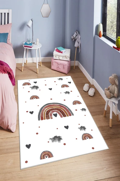Makinede Yıkanabilir Leke Tutmaz  Beyaz Pvc Deri Kaymaz Taban Gökkuşagı Çocuk Saçaksız Halı H7114  ÇOKLU 100 x 200 - 4
