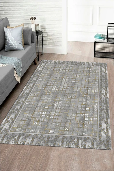 Makinede Yıkanabilir Leke Tutmaz  Gri-Gold Pvc Deri Kaymaz Taban Modern Salon Saçaksız Halı B1310  GRİ-GOLD 80 x 300