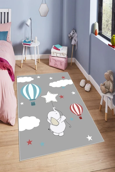 Makinede Yıkanabilir Leke Tutmaz  Gri Pvc Deri Kaymaz Taban Fil Çocuk Saçaksız Halı H7107  ÇOKLU 100 x 200 - 4