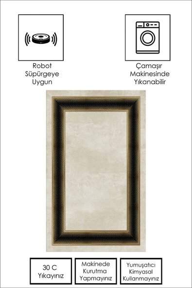 Makinede Yıkanabilir Leke Tutmaz  Gold-Siyah Pvc Deri Kaymaz Taban Çerçeve Salon Saçaksız Halı B1301  KREM-SİYAH 120 x 180 - 5