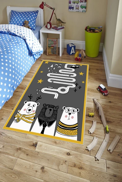 Makinede Yıkanabilir Leke Tutmaz  Gri-Renkli Pvc Deri Kaymaz Taban Sevimli Figürlü Çocuk Saçaksız Halı H7123  ÇOKLU 100 x 300 - 3