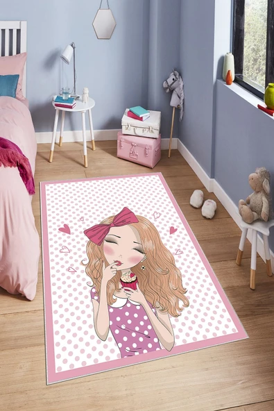 Makinede Yıkanabilir Leke Tutmaz  Pembe Pvc Deri Kaymaz Taban Figürlü Kız Çocuk Saçaksız Halı H7097  ÇOKLU 100 x 300 - 4