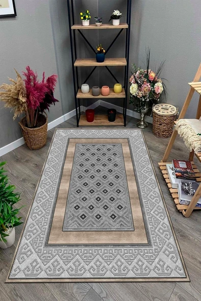 Makinede Yıkanabilir Leke Tutmaz  GRİ-GOLD Modern Çerçeve Desen Halı B1305  GRİ-KAHVERENGİ 80 x 300 - Resim 2