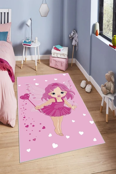 Makinede Yıkanabilir Leke Tutmaz  Pembe Pvc Deri Kaymaz Taban Peri Kız Çocuk Saçaksız Halı H7116  ÇOKLU 200 x 300 - 4