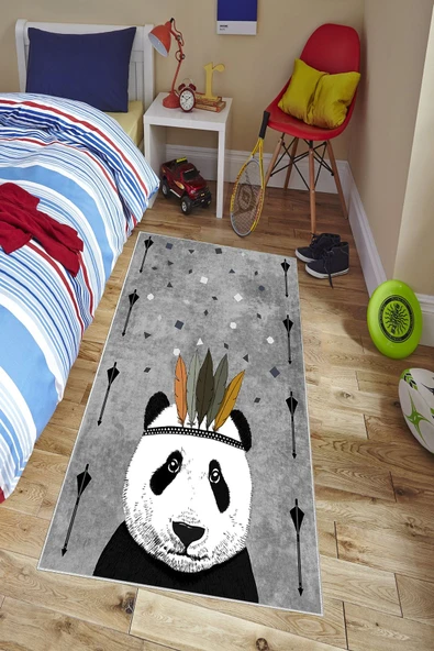 Makinede Yıkanabilir Leke Tutmaz  Gri Pvc Deri Kaymaz Taban Panda Çocuk Saçaksız Halı H7122  ÇOKLU 80 x 200 - 4