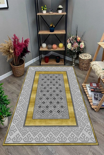 Makinede Yıkanabilir Leke Tutmaz  GRİ-GOLD Modern Çerçeve Desen Halı B1305  GRİ-GOLD 80 x 300 - Resim 3