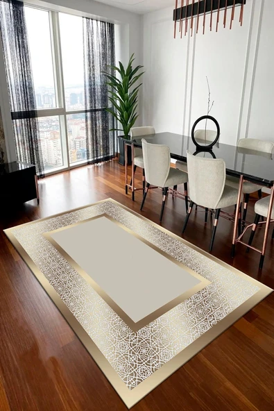 Makinede Yıkanabilir Leke Tutmaz  GOLD Modern Çerçeve Desen Halı B1327  80 x 300 GOLD - 3