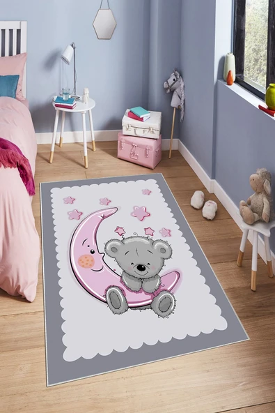 Makinede Yıkanabilir Leke Tutmaz  Gri Pvc Deri Kaymaz Taban Ay-Yıldız Çocuk Saçaksız Halı H7110  ÇOKLU 100 x 200 - 4