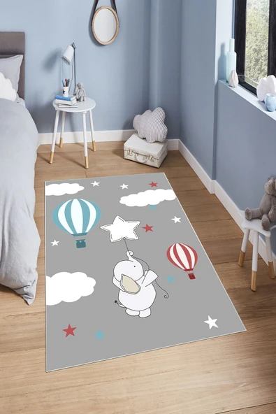 Makinede Yıkanabilir Leke Tutmaz  Gri Pvc Deri Kaymaz Taban Fil Çocuk Saçaksız Halı H7107  ÇOKLU 100 x 200