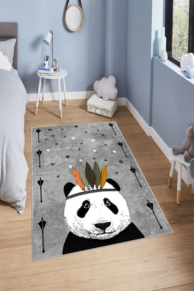 Makinede Yıkanabilir Leke Tutmaz  Gri Pvc Deri Kaymaz Taban Panda Çocuk Saçaksız Halı H7122  ÇOKLU 80 x 150