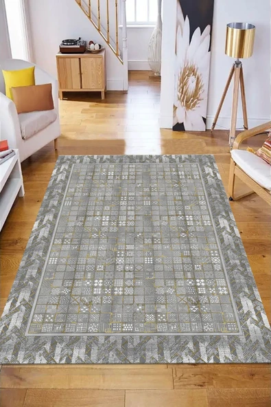Makinede Yıkanabilir Leke Tutmaz  Gri-Gold Pvc Deri Kaymaz Taban Modern Salon Saçaksız Halı B1310  GRİ-GOLD 120 x 180 - 4