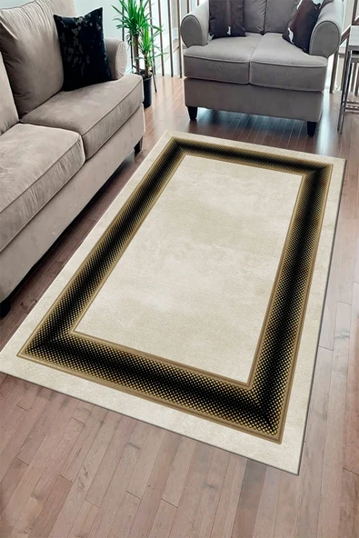 Makinede Yıkanabilir Leke Tutmaz  Gold-Siyah Pvc Deri Kaymaz Taban Çerçeve Salon Saçaksız Halı B1301  KREM-SİYAH 100 x 300