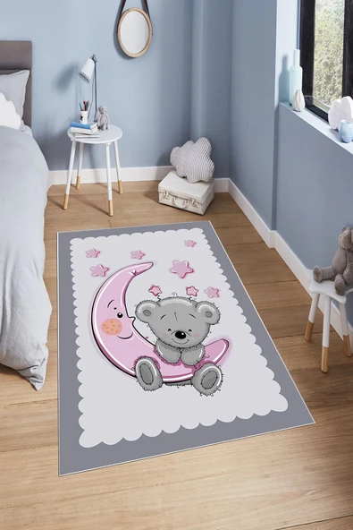 Makinede Yıkanabilir Leke Tutmaz  Gri Pvc Deri Kaymaz Taban Ay-Yıldız Çocuk Saçaksız Halı H7110  ÇOKLU 100 x 200
