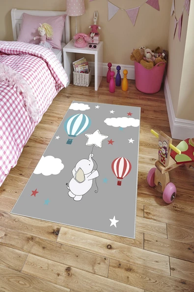Makinede Yıkanabilir Leke Tutmaz  Gri Pvc Deri Kaymaz Taban Fil Çocuk Saçaksız Halı H7107  ÇOKLU 100 x 200 - 3