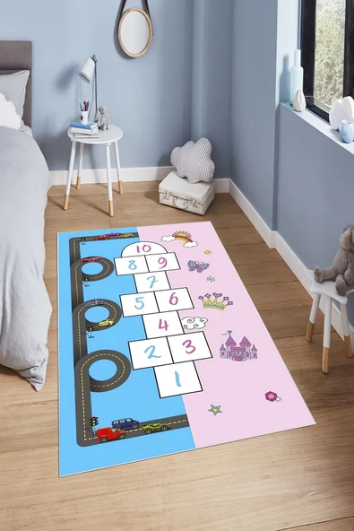 Makinede Yıkanabilir Leke Tutmaz  Mavi-Pembe Pvc Taban Kaymaz Taban Seksek Araba Çocuk Saçaksız Halı H7105  ÇOKLU 80 x 150