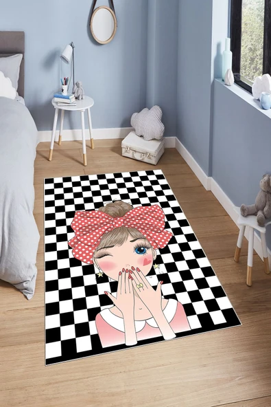 Makinede Yıkanabilir Leke Tutmaz  Renkli Pvc Deri Kaymaz Taban Figürlü Kız Çocuk Saçaksız Halı H7127  ÇOKLU 80 x 300