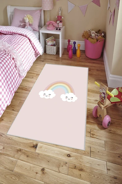 Makinede Yıkanabilir Leke Tutmaz  Pembe Pvc Deri Kaymaz Taban Gökkuşagı Çocuk Saçaksız Halı H7117  ÇOKLU 100 x 200 - 3