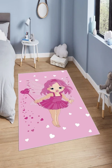 Makinede Yıkanabilir Leke Tutmaz  Pembe Pvc Deri Kaymaz Taban Peri Kız Çocuk Saçaksız Halı H7116  ÇOKLU 120 x 180