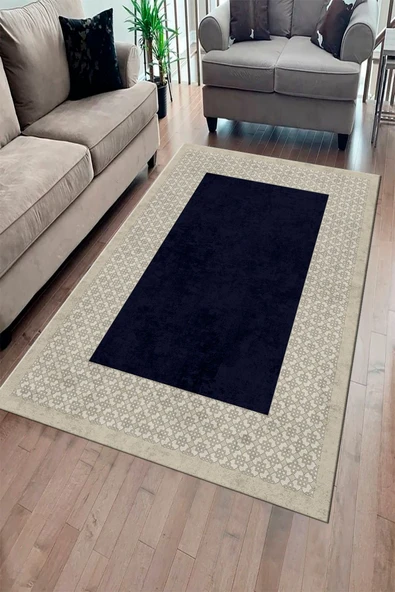Makinede Yıkanabilir Leke Tutmaz  BEJ-LACİVERT Modern Çerçeve Desen Halı B1326  BEJ-LACİVERT 100 x 200