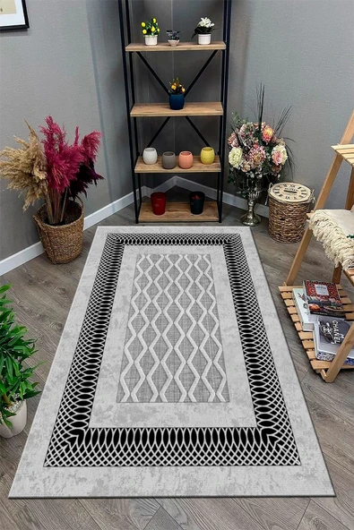 Makinede Yıkanabilir Leke Tutmaz  GRİ Modern Çerçeve Desen Halı B1321  200 x 300 GRİ - Resim 3