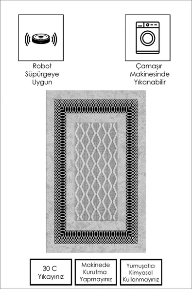 Makinede Yıkanabilir Leke Tutmaz  GRİ Modern Çerçeve Desen Halı B1321  200 x 300 GRİ - Resim 5
