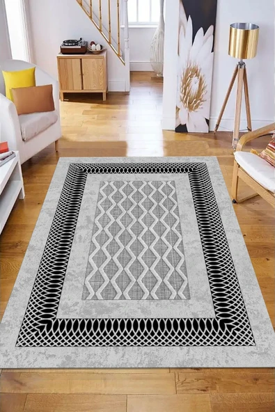 Makinede Yıkanabilir Leke Tutmaz  GRİ Modern Çerçeve Desen Halı B1321  200 x 300 GRİ - Resim 4
