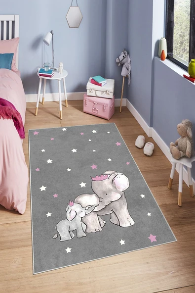 Makinede Yıkanabilir Leke Tutmaz  Gri Pvc Deri Kaymaz Taban Fil Çocuk Saçaksız Halı H7111  ÇOKLU 80 x 300 - 4