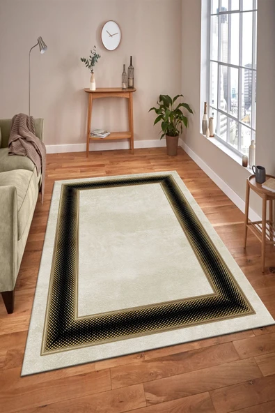 Makinede Yıkanabilir Leke Tutmaz  Gold-Siyah Pvc Deri Kaymaz Taban Çerçeve Salon Saçaksız Halı B1301  KREM-SİYAH 200 x 300 - 4